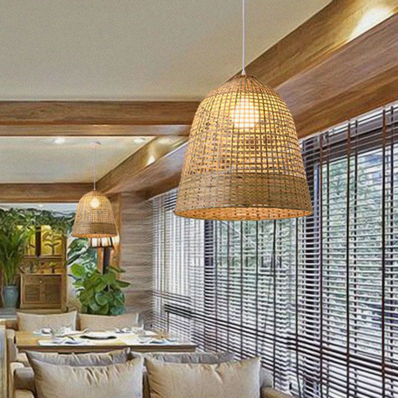 Weaving Bamboo Suspension Light Simplicity 1-Light Wood Pendant Light Fixture for Restaurant