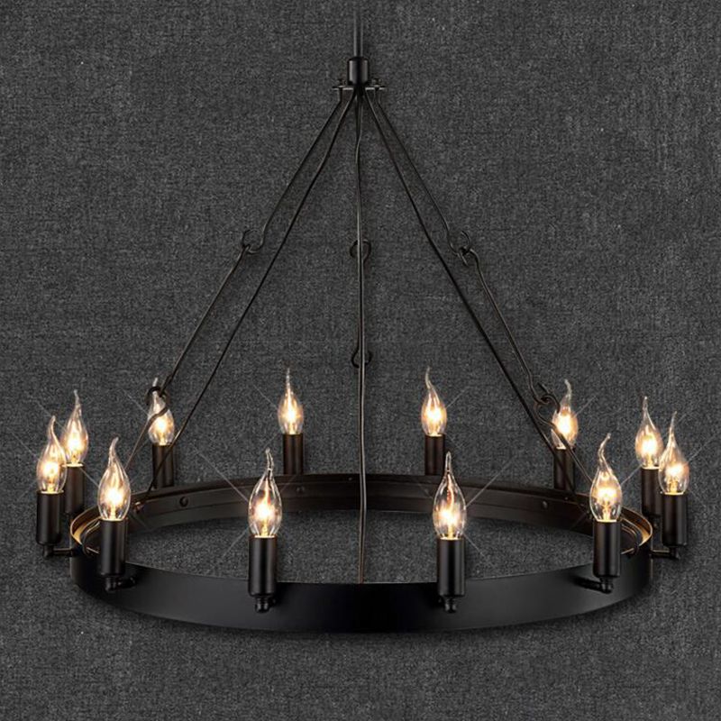 12/18 Lights Circle Chandelier Industrial Black Iron Hanging Lamp Kit with Bare Bulb Design