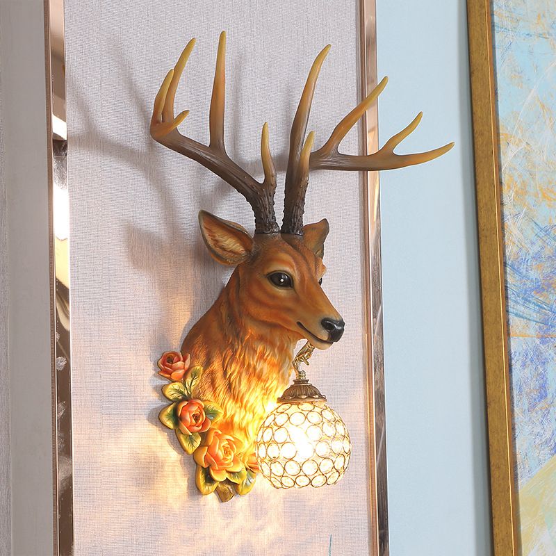 Resina sika ciervos pared de pared campo 1 cabeza de cabecera de pared floral iluminación con sombra de cristal de orbe en blanco/marrón/bronce