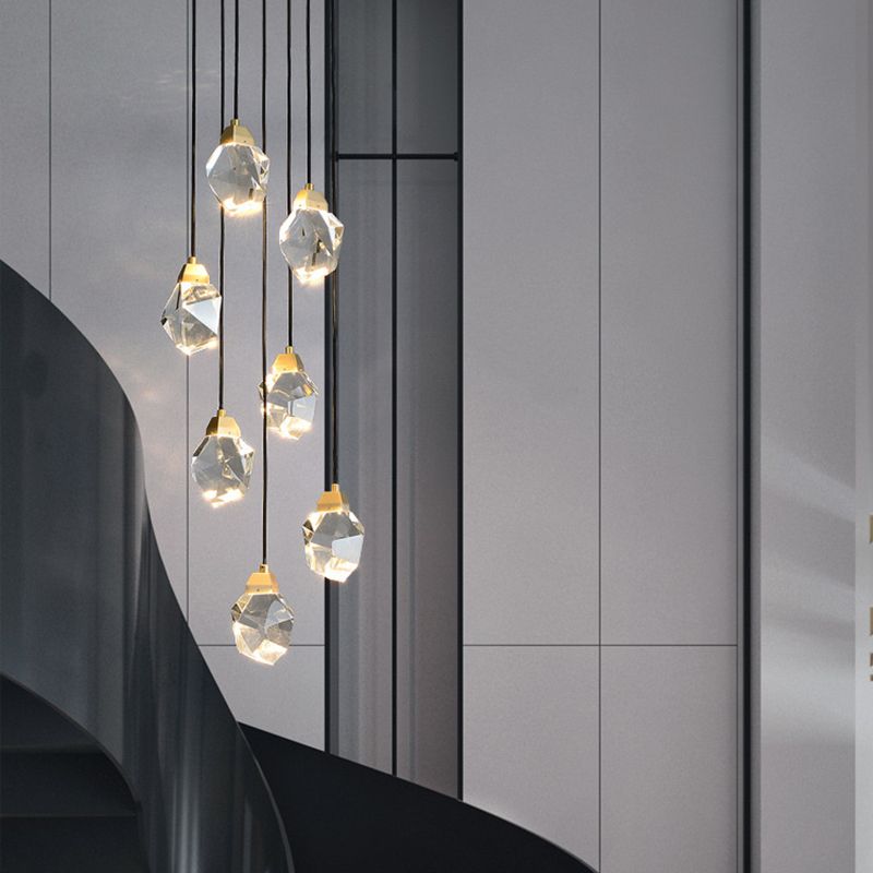Block Shaped Stairs Multi-Pendant Crystal 7 Lights Postmodern Suspension Lamp in Brass