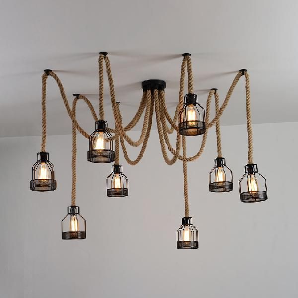 Black Swag Ceiling Fixture with Wire Cage Shade Antique Iron and Hemp Rope 8 Bulbs Restaurant Hanging Light