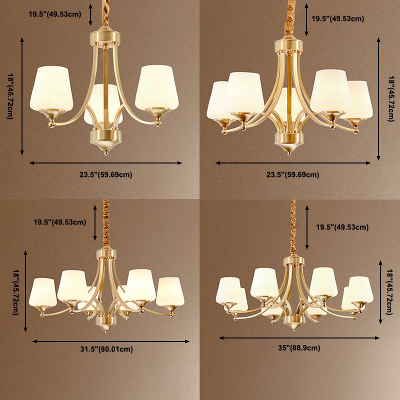 Multi-Head Hanging Light Fixtures Traditional Brass Chandelier Lamp with White Glass Shade