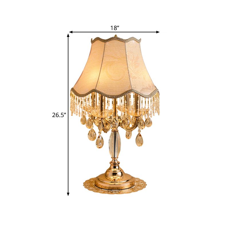 1 Bulb Night Lighting Traditional Flared Fabric Shade Table Light in Gold with Clear Crystal Draping