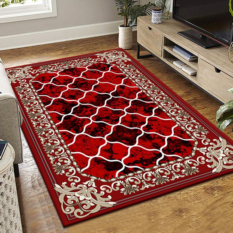 Red Retro Rug Polyster Graphic Rug Non-Slip Backing Rug for Living Room