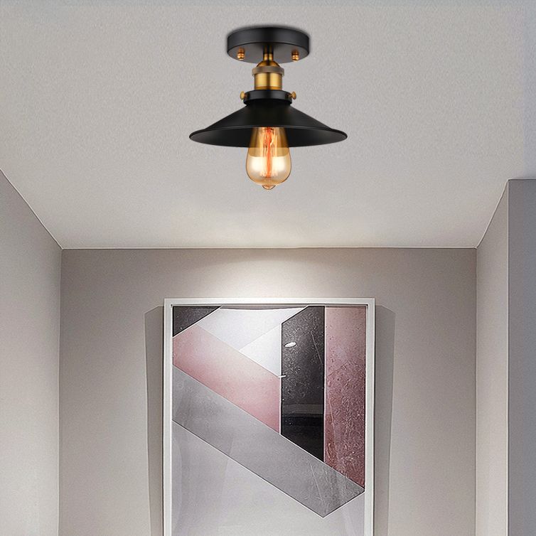 Zwart/Roest Cone Schaduw Semi Flush Mount Retro Stijlvol Metallic 1 Hoofd Balkon Dicht bij plafondverlichting