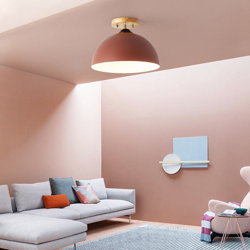 Red/Pink/White/Gray Domed Semi Flushmount Light Macaron Metal 1 Head Bedroom Semi Flush Ceiling Light, 12" W