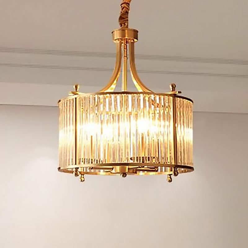 Crystal Rod Drum Chandelier Light Nordic 4 Lights Brass Hanging Ceiling Light for Dining Room
