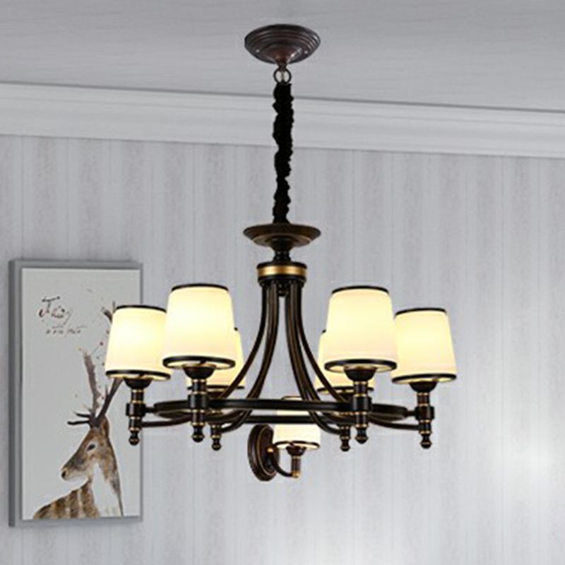 Black Tapered Shade Suspension Light Rustic Ribbed Glass Dining Room Chandelier Light