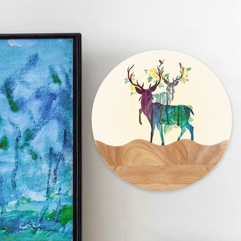 Oriental Circular Acrylic Wall Mount Light LED Mural Light in Wood with Elk Deer Pattern