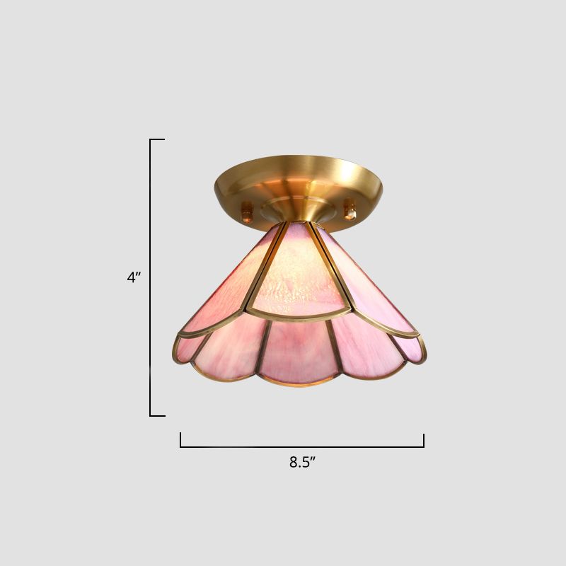 Tiffany Floral Semi Mount Lighting 1-lichts glazen plafondinbouwlamp in messing voor gang