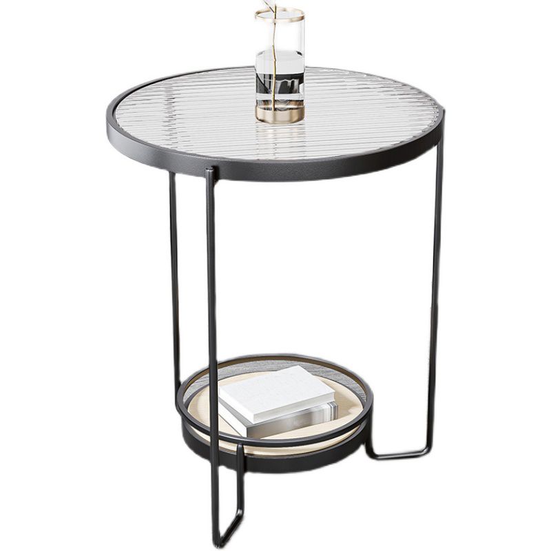 23.6" Tall Round Glass Top Side Table Iron Frame Base End Table with Shelf
