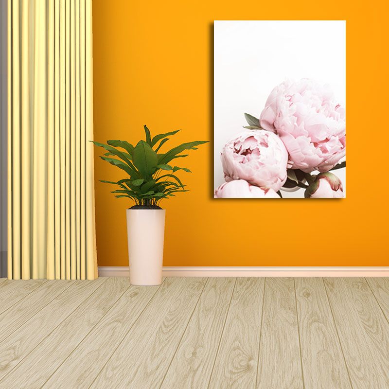 Pink Blossoming Peony Wall Art Flower Nordic Textured Canvas Print for Girls Bedroom