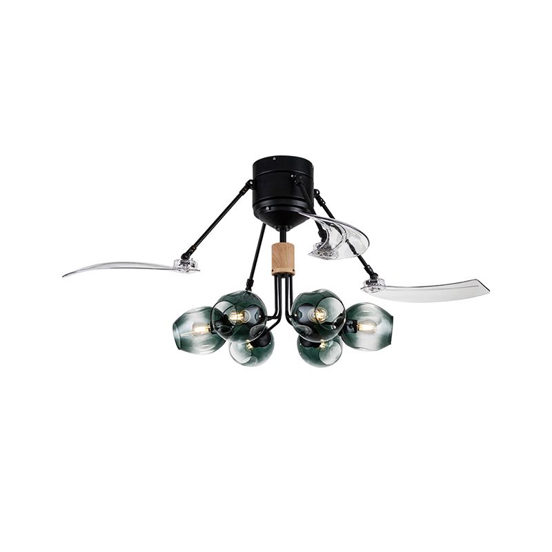 48 "W Bud Deckenventilator Leichter modernistisches grünes Grübchen Glas 6 Lichter Schwarze Halbflush -Mount -Lampe mit 3 klaren Klingen