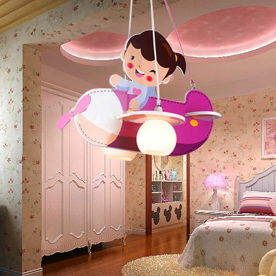 Pink Airplane Hanging Light with Little Girl 2 Lights Cartoon Wood Chandelier for Kids Bedroom