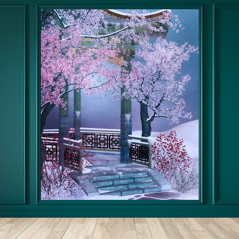 Illustration Style Pavilion Mural Decal for Dining Room, Pink, Custom Size Available