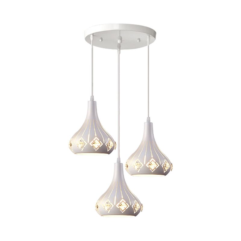 Modern Urn Shaped Multi Ceiling Light Metal 3-Bulb Restaurant Pendulum Lamp in White with Crystal Accent
