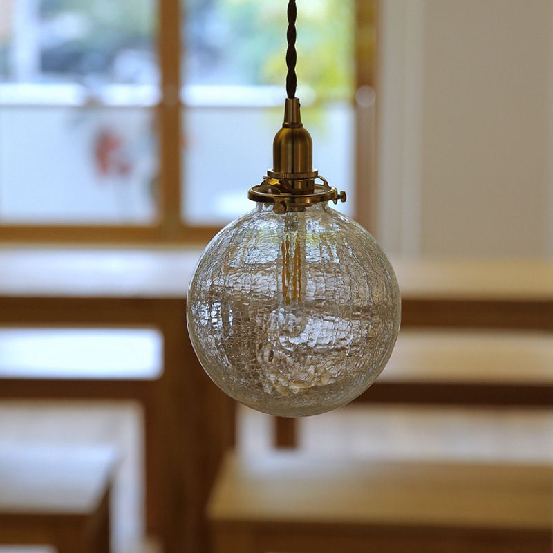 1-Bulb Clear Crackle Glass Drop Pendant Minimalist Brass Ball Washroom Suspended Lighting Fixture