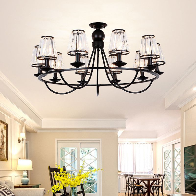 Black Conic Ceiling Suspension Lamp Traditional Cut-Crystal Dining Room Chandelier