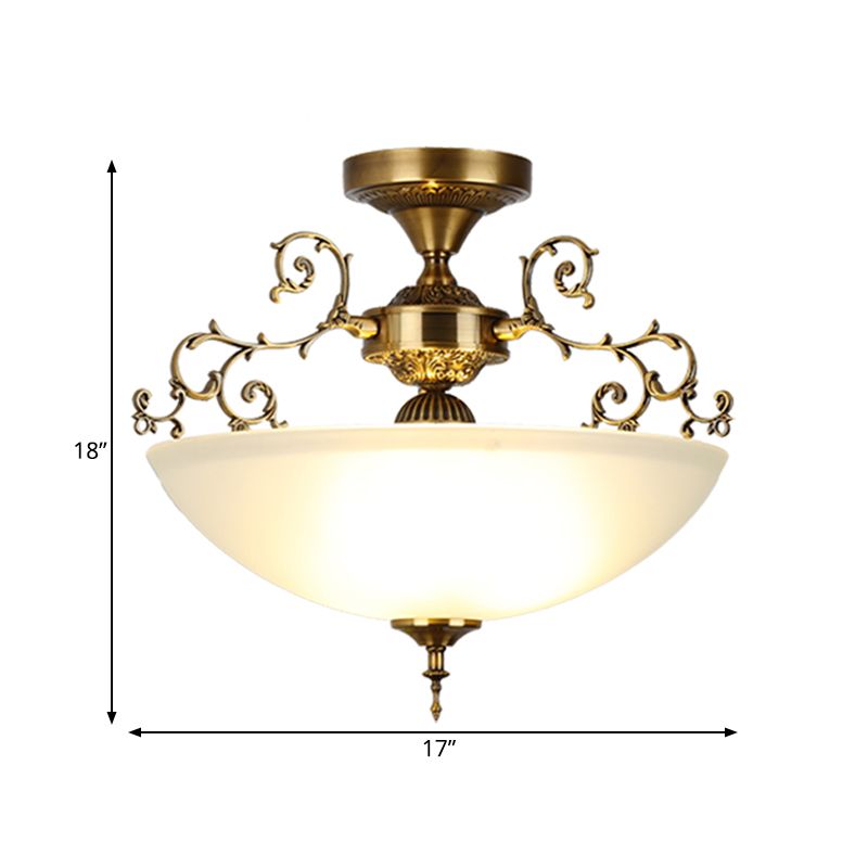3 Lights Wide Bowl Semi Flush Mount Traditional Gold Frosted Glass Close to Ceiling Lamp with Swirling Arm, 13"/17" Wide