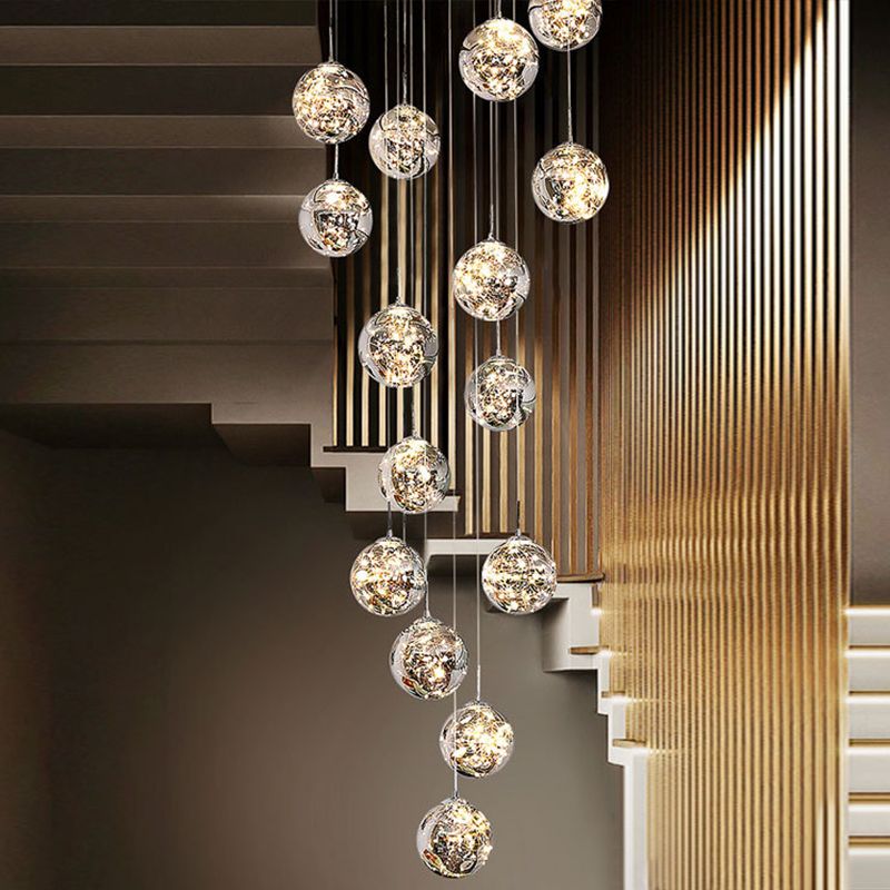 Moderno lampada sospesa sferica a pendente a pendente a 15 luci a 15 luci con tonalità di vetro per le scale