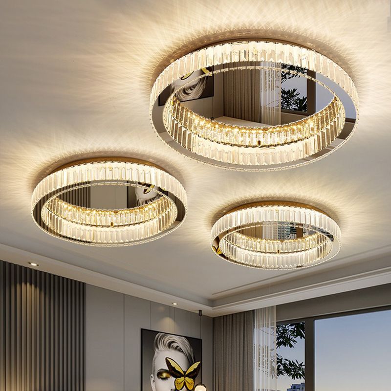 Plafonnier LED de luxe moderne, montage circulaire en acier inoxydable avec abat-jour en cristal