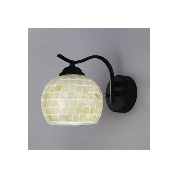 1 Head Sphere Wall Light Fixture Tiffany Beige/Beige-Red Stained Shell Sconce Lighting with Curved Arm