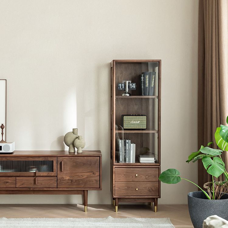 66.9" Tall 2-Drawer Accent Cabinet Solid Wood Glass Paned Side Cabinet in Walnut Brown