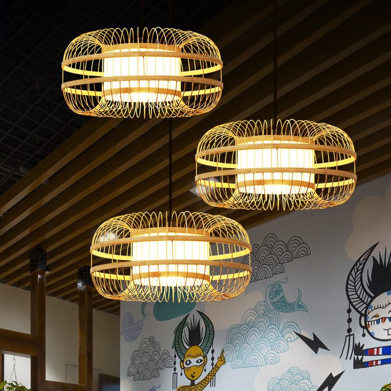 Beige 1-Light Japanese Hanging Lamp Kit Lantern Silk Pendant for Dining Room