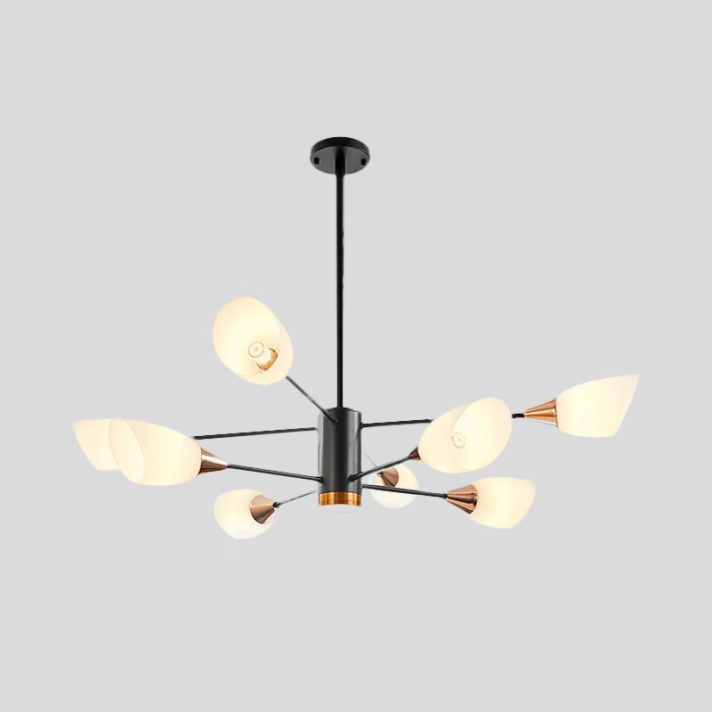8 têtes salon suspendu le lustre modernisme luminaire pendentif noir avec une teinte en verre laiteux floral