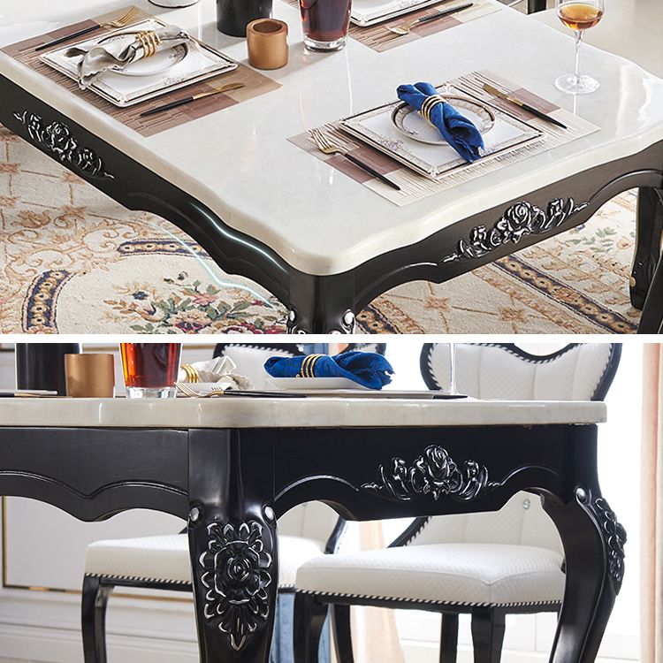 Victorian Style Marble Dining Set with White Rectangle Table and 4 Black Legs Base for Home Use