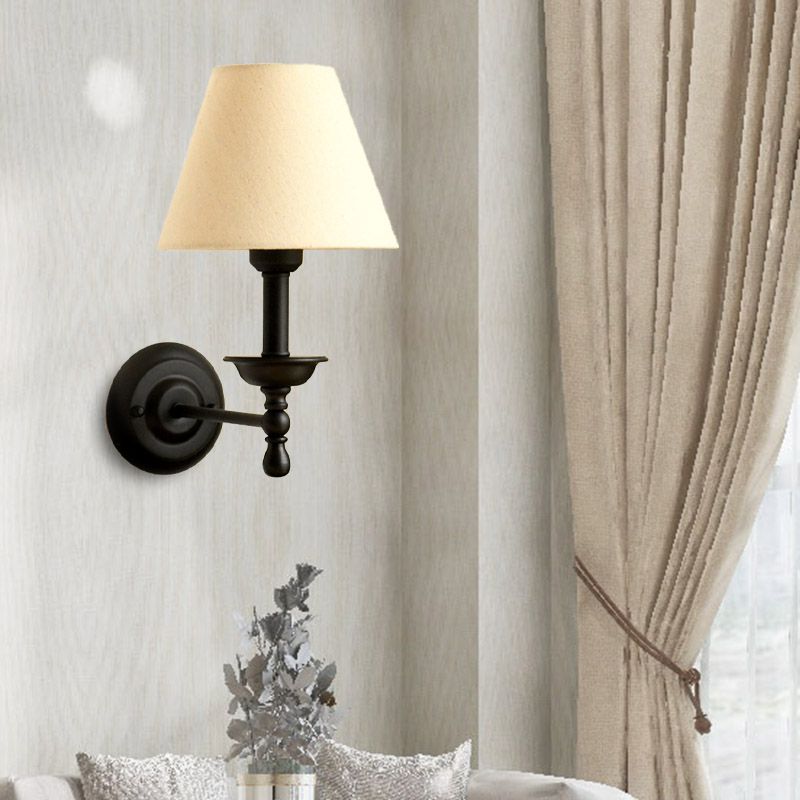 1 Light Metal Wall Light Traditional Gray-Blue/White Fabric Cone Shade Bedroom Sconce Light