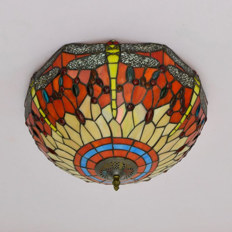3 Heads Living Room Ceiling Mounted Fixture Tiffany Red/Yellow/Orange Flush Mount Lamp with Dragonfly Stained Glass Shade