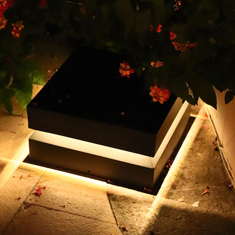 Rectangle Shape Metal Solar Pillar Lamp Modern 1 Light Waterproof Outdoor Light in Black