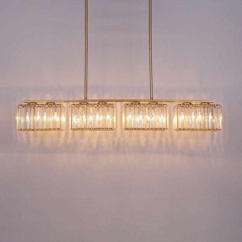 Gold 4/6/8 Bulbs Pendant Lighting Contemporary Metal Linear Island Lamp with Clear Cuboid Crystal Shade for Dinning Room