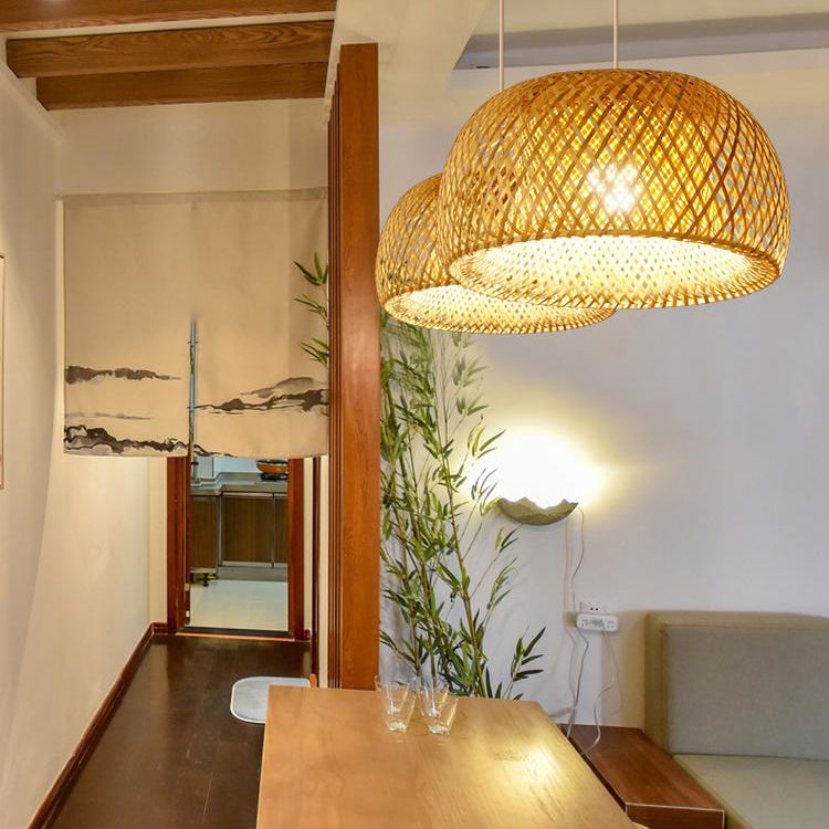 Asia Style Half-Circle Pendant Lighting Fixture Rattan Restaurant Pendant Light Kit in Beige