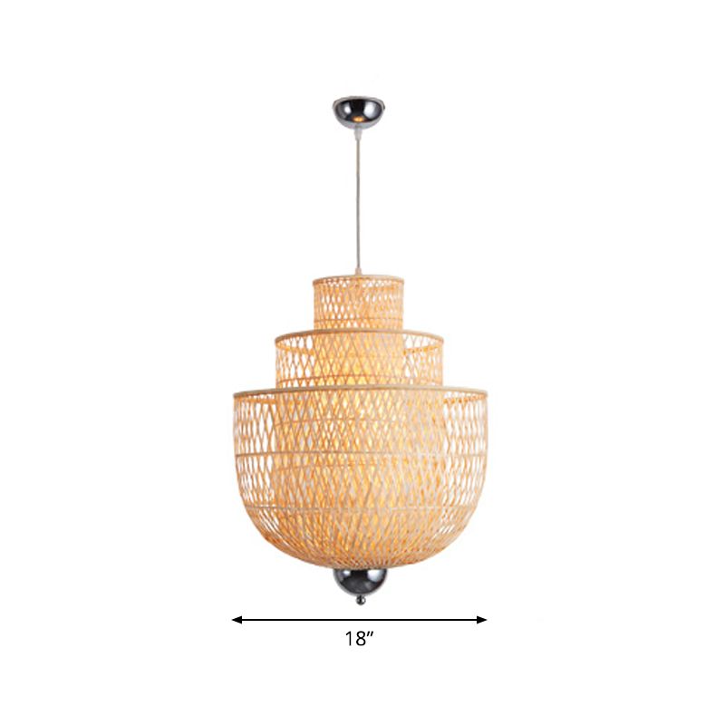 Omgekeerde 3-laags bamboe hanger lamp Modern 1-licht beige opgeschort verlichtingsarmatuur voor restaurant, 18 "/23.5" /31,5 "W
