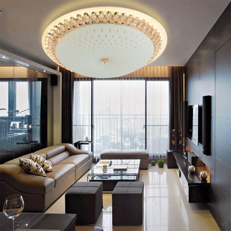 12"/16"/19.5" W Dome White Glass Flush Lamp Modernist LED White Ceiling Mount with Clear Crystal Deco