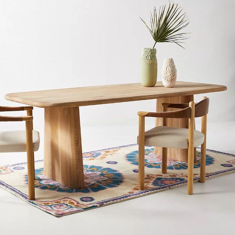 Contemporary Dining Table Natural Solid Wood Dining Table with Double Pedestal