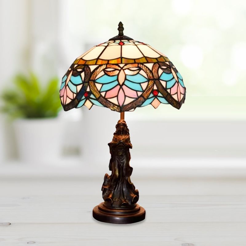 Beige/Blue Stained Glass Dome Table Light Tiffany Style 1 Bulb Bronze Nightstand Lamp with Angel Decoration