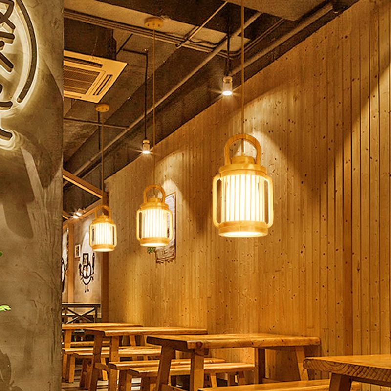 Water Jar Cage Bistro Pendant Lamp Wood Single Bulb Japanese Style Hanging Light Kit with Fabric Shade Inside