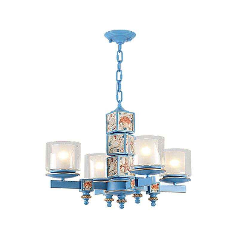 Cartoon Cylinder Pendant Lamp with Shell Deco Metal 4 Lights Blue Chandelier for Kindergarten