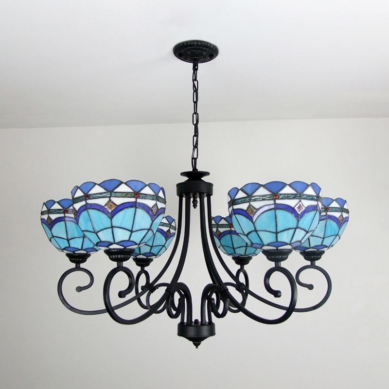 Blaue Glasschüssel Kronleuchter 6 Lichter Barock Anhänger Licht mit Metallkette für Wohnzimmer