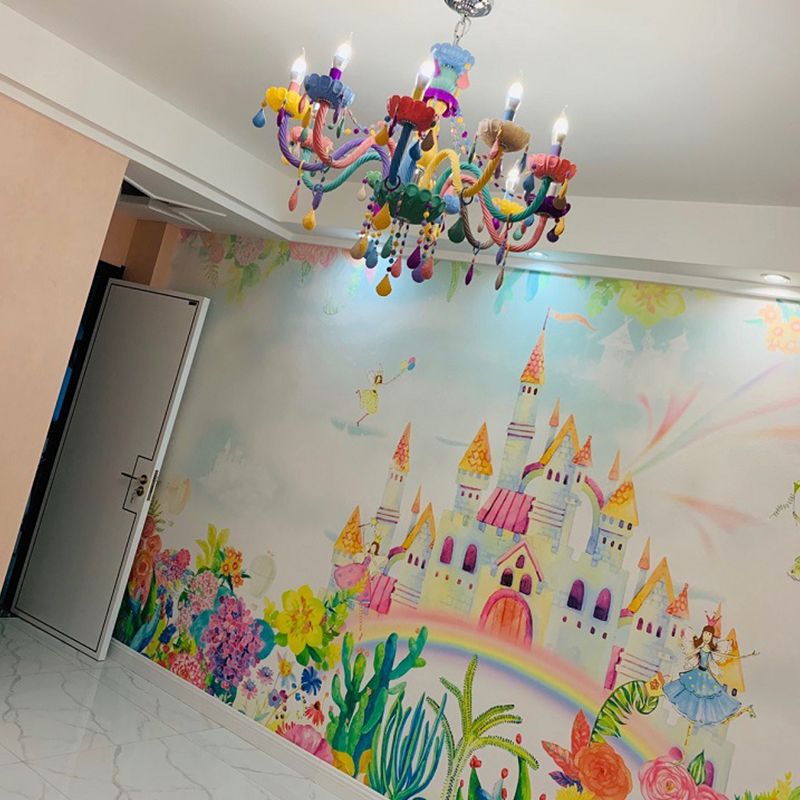 Candle Baby Room Chandelier Metal Macaron Suspension Light with Crystal Drapes