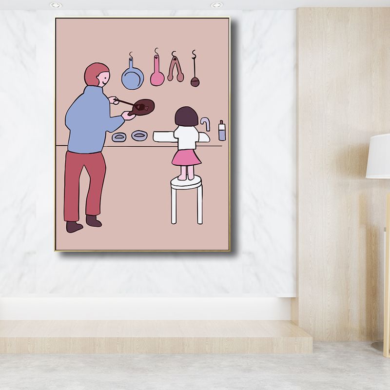 Pink Kids Wall Art Drawing Print Mom and Her Baby Girl Canvas for Dining Room