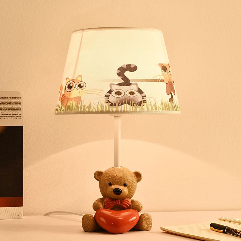 Fabric Empire Shade Table Lamp Cartoon 1 Head Brown Nightstand Light with Resin Bear and Heart