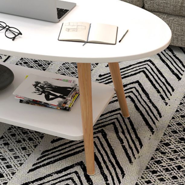 Modern Oval Solid Wood Coffe Table with Storage Shelf and 4 Legs