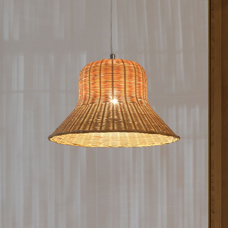 Beige Flared Hanging Lamp Japanese 1 Head Bamboo Pendant Light Fixture for Bedroom