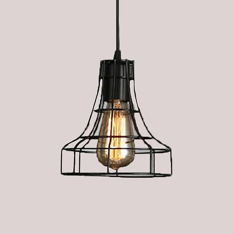 Black Caged Pendant Lighting Industrial Metal 1-Light Restaurant Suspension Light