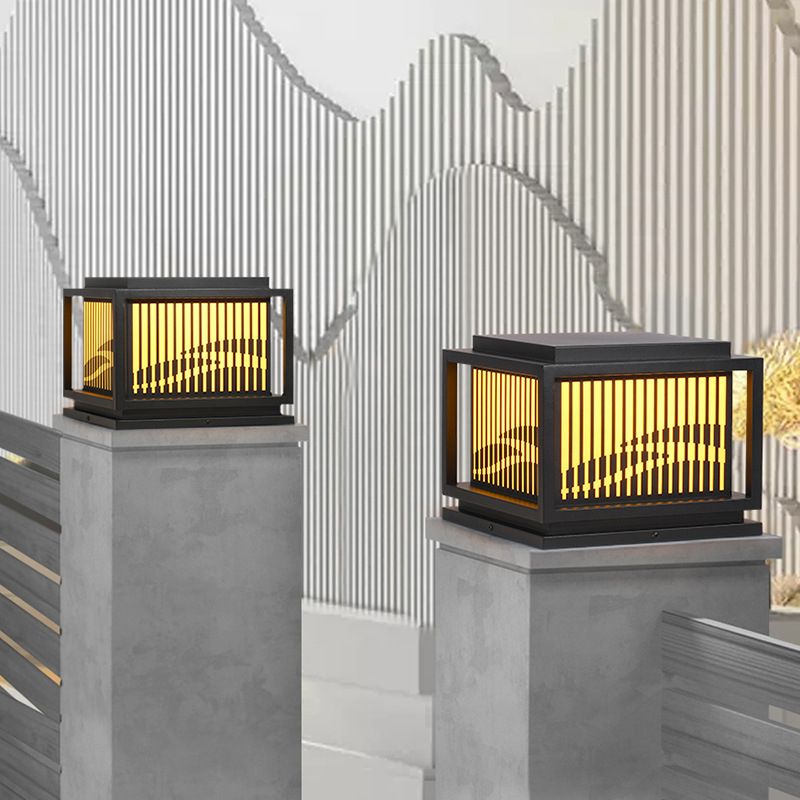 Metal Rectangle Shape Waterproof Pillar Lamp Modern 1 Light Outdoor Light in Black