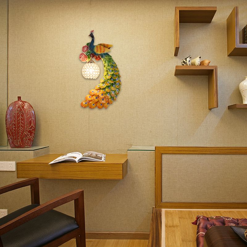 1/2-Pack Blue/Green Peacock Wall Light Fixture 8"/10" Wide 1 Head Retro Style Resin Wall Lamp with Crystal Global Shade, Left/Right